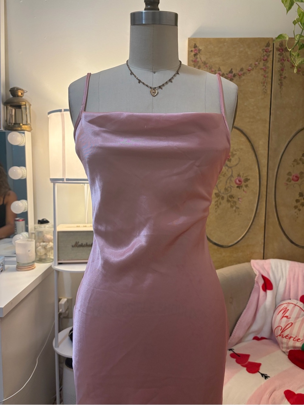bebe Pink Satin Slip Top with Cowl Detail